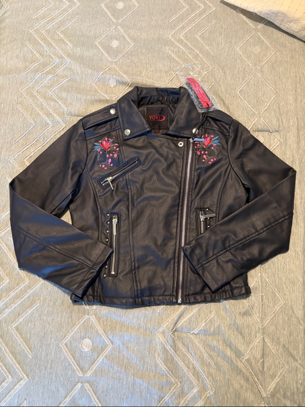 Yoki Black Faux Leather Moto Jacket with Pink and Teal Floral Embroidery